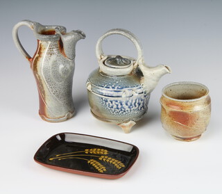 A Ruth Anne Tudball Studio Pottery dish decorated with wheat 18cm, a ditto squat teapot 20cm together with a tan jug 20cm 