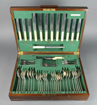 An Art Deco mahogany canteen containing a set of Old English plated cutlery for 6, 46 pieces (ex 49)  