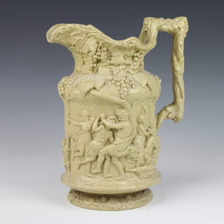 A Victorian Charles Meigh moulded jug with bacchanalian scenes and rustic handle 29cm 