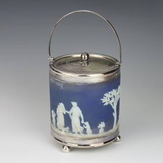 A Victorian Wedgwood blue Jasper biscuit barrel with plated mounts and lid  