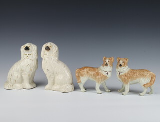 A pair of Victorian Staffordshire figures of standing hounds with gilt collars 15cm, a pair of ditto white Spaniels 20cm 