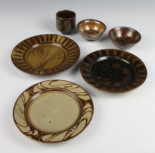 A Wenford Bridge Studio Pottery shallow dish 19cm, ditto plate decorated with wheat 20cm, dish, a flared bowl by Ara Cardew, a flared bowl by Seth Cardew and a cup