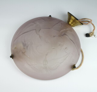 An Art Deco pink moulded glass light fitting decorated with birds and fish 32cm 