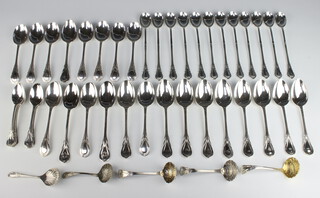 Twenty two silver plated lily pattern dessert spoons, 12 ditto sorbet spoons, 7 teaspoons and 5 sifter spoons