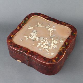 A red and pink lacquered trinket box, the signed hinged lid inlaid branches and flowers 9cm h x 26cm w x 24cm d 