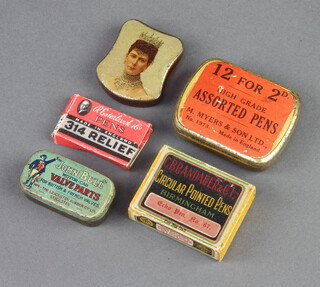 A John Ball Motor-Car valve parts tin, a high grade assorted pen nibs tin, a shield shaped nib tin decorated portrait of Queen Alexandra and 2 other cardboard boxes 