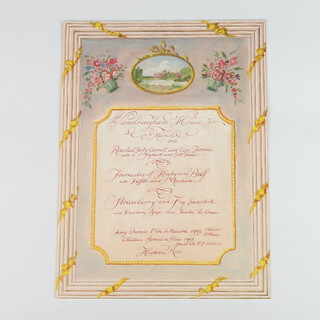 Of Royal Interest, a cut out menu card for an event at Sandringham House on 17th March 2002, the card depicting a pink picture frame with the menu text within it's own gilt frame and a view of Sandringham House in an oval gilt frame accompanied by bouquets of pink flowers.  On the reverse a similar scene with Prince of Wales Feathers within a gilt frame and 4 bouquets of flowers, signed by Alex Cobbe 18cm wide x 24cm high 