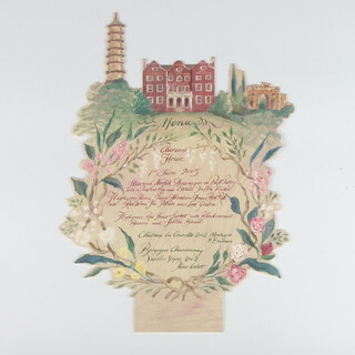Of Royal Interest, a cut out menu card for an event at Clarence House, dated 1st June 2005, the circular card depicting a wreath of flowers with menu text within and to the top of the card the Great Pagoda and The Ruined Arch at Kew Gardens, signed by Alex Cobbe approx. 20cm wide x 30cm high including pagoda 