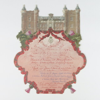 Of Royal Interest, a cut out menu card dated 14th October 2001 for a dinner For The Prince of Wales Foundation at The Palace of Holyrood House, the circular card depicting the menu surrounded by tartan ribbon with 4 thistles, the top of the card depicting Holyrood House, approx. 21cm w x 27cm high 