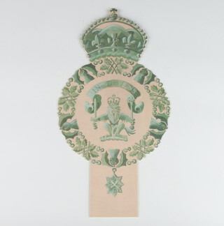 Of Royal Interest, a cut out menu card dated 11th October 2002 for a dinner at The Palace of Holyrood House, the card shaped in the form of an orb surrounded by the collar of The Order of The Thistle, approx. 7cm w x 32cm h 
