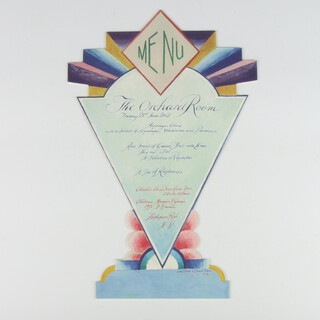 Of Royal Interest, a cut out menu card for a dinner at The Orchard Room dated Friday 21st June 2002 in the form of an Art Deco sundae dish, designed by Alex Cobbe approx. 19cm wide x 30cm high 