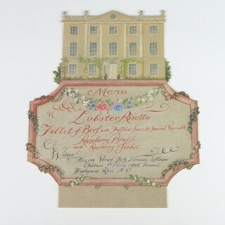 Of Royal Interest, a cut out menu card for a Recital by The Philharmonic Orchestra at The Orchard Room, Highgrove House dated 28th June 2007, the card depicting a floral decorated sign surmounted by Highgrove House, designed by Alex Cobbe, approx. 21cm wide x 26cm high 
 