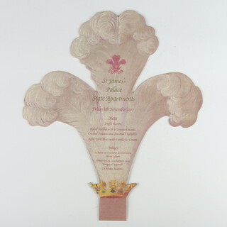 Of Royal Interest, a cut out menu card for a dinner at St James's Palace, State Apartments, dated Friday 9th November 2007, in form of The Prince of Wales's feathers, designed by David Mees, approx. 25cm wide x 29cm high  