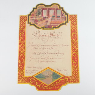Of Royal Interest, a cut out menu card for an event at Clarence House and St James's Palace 30th June 2003, the card depicting an interior and an exterior view of Clarence House with a gilt border, designed by Alex Cobbe, approx. 19cm wide x 29cm high 