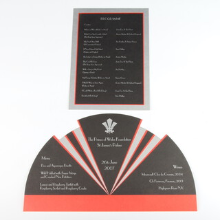 Of Royal Interest, a cut out menu card and programme for a meal and performance at St James's Palace, 26th June 2007 for the Prince of Wales Foundation, in the form of an Art Deco fan, approx. 30cm wide x 18cm h the programme for the performance "My Heart Stood Still"  15cm w x 21cm h