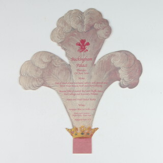 Of Royal Interest, a cut out menu card for an event at Buckingham Palace, Thursday 17th June 2010, in the form of The Prince of Wales's three feather motif approx. 23cm wide x 28cm high 