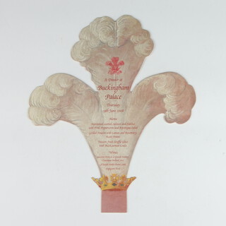 Of Royal Interest, a cut out menu card for an event at Buckingham Palace, Thursday 19th June 2008, in the form of The Prince of Wales's three feather motif approx. 23cm wide x 28cm high 