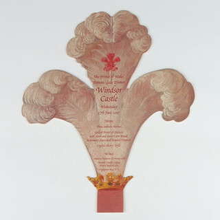 Of Royal Interest, a cut out menu card for an event at Windsor Castle, 27th June 2007, in the form of The Prince of Wales's three feather motif approx. 23cm wide x 28cm high 