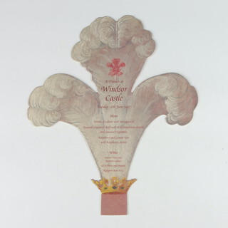 Of Royal Interest, a cut out menu card for an event at Windsor Castle, Tuesday 12th June 2007, in the form of The Prince of Wales's three feather motif approx. 23cm wide x 28cm high 