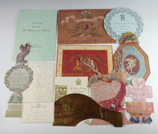 Of Royal Interest, a collection of cut out menu cards, event booklets, event programmes and other Royal ephemera to including menu cards for events at Holyrood Palace (with damage), Highgrove House (with damage), Clarence House (with staining), Windsor Castle 2006, Buckingham Palace 2006, a gift card from HRH Prince of Wales and HRH The Duchess of Cornwall which would have accompanied a slice of their wedding cake, an invitation card for the wedding of Laura Parker Bowles the daughter of Andrew Parker Bowles and The Duchess of Cornwall, a concert dinner at Buckingham Palace, a Royal Opera and Royal Ballet programme Buckingham Palace 2008 and a Recital by The Philharmonic Orchestra in the Presence of HRH Prince of Wales dated 2007 