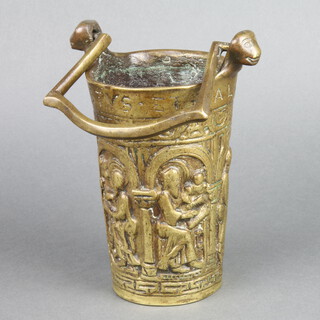A 16th Century style gilt metal holy water pail marked JVSTES.ET.PALMA FLOREBIT 1551 21cm x 11cm  
