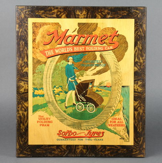 A 1920's wooden and transfer decorated advertising sign for Marmet The World's Best Folding Car 43cm x 37cm 