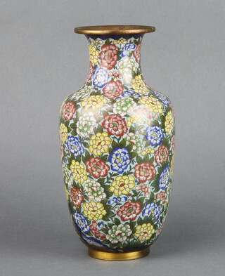 A floral patterned cloisonne enamel club shaped vase with flower head decoration 25cm h x 7cm diam. 