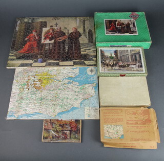 Ponda V1183 jigsaw puzzle "A Tiresome Sitter" boxed, a Chichester jigsaw puzzle map no.5 South East England boxed, a Victory jigsaw puzzle of The Royal Drive through London boxed, jigsaw puzzle "Dolly Donkey" boxed, 2 others 