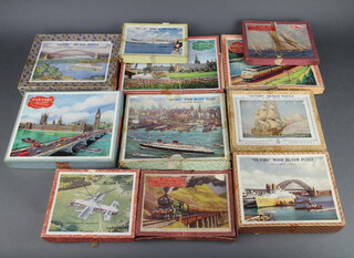 Eleven Victory jigsaw puzzles - Parliament Square, The Canadian Train, Sydney Harbour with P&O Liner Strathaird, New York Harbour, Westminster Bridge with Houses of Parliament, LNER Takes You into the Western Scottish Highlands, Fairey Rotodyne Helicopter, SS Oriana at Sydney Harbour, HMS Victory, P&O Liner Arcadia in Aiden Harbour and Two Yachts in Full Sail 