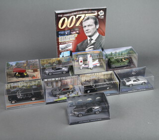 Nine various James Bond Collection Cars together with 8 magazines 