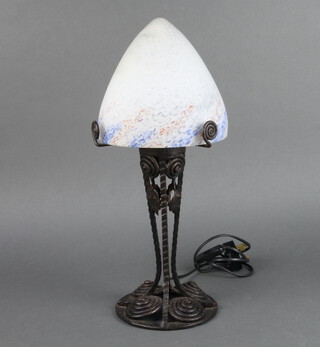 A Loetz style wrought iron table lamp with glass shade 51cm h x 17cm 