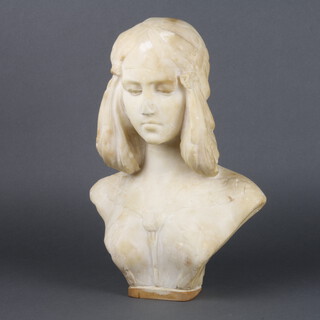 An Art Nouveau carved alabaster head and shoulders portrait bust of a girl 30cm h x 20cm x 5cm 