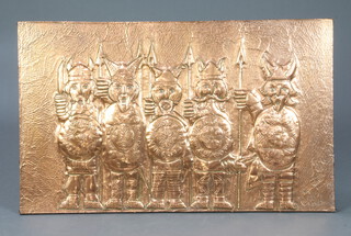 Regina Heal, a Norwegian embossed copper plaque depicting standing Vikings 56cm x 92cm 

