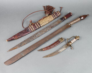 An African sword with 46cm blade, leather scabbard (blade pitted and rusted) together with 1 other African sword with 53cm blade (no scabbard) and a "Turkish" dagger with 20cm crescent shaped blade and leather scabbard  