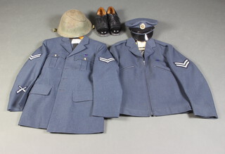 An RAF Corporal Marksman no.1 dress tunic and trousers, cap and shoes together with a ditto  1972 patent jacket and steel helmet