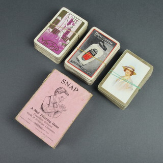 A set of Brylcreem advertising playing cards (51 in total, complete set of diamonds, hearts, clubs, 7 of spades missing), a set of Vactrick advertising playing cards (2 of diamonds missing), a complete set of playing cards decorated a bonnetted lady 