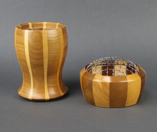 A 1950's Lancraft laminated wooden baluster shaped vase 17cm x 12cm and a ditto rose bowl 7cm x 13cm (both without liners) 