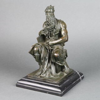 After Michelangelo, a bronze figure of seated Moses, raised on a square marble base 28cm h x 19cm w x 20cm d 