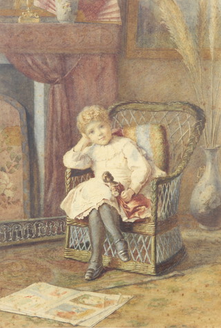 Edwardian watercolour unsigned, study of a seated girl with doll in a wicker chair before a fire 51cm x 35cm 