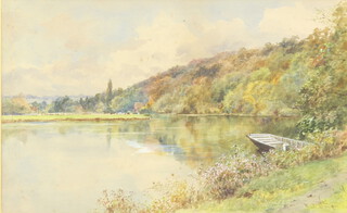 Frederick Clifford Dixon (1902), watercolour signed, Oxfordshire? riverscape with punt and distant cattle 24cm x 39cm 
