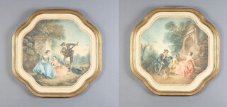 19th Century coloured print of figures in country gardens, indistinctly signed in scalloped frames 44cm x 44cm 