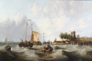 John Callow (1822-1878), oil on canvas unsigned, maritime coastal study with figures in fishing vessels and ships in the distance, the coast with windmills and distant church 69cm x 105cm (cleaned and relined) 
