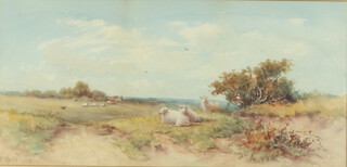A Watts, watercolour signed and dated 1903, extensive landscape with sheep and distant buildings 24cm x 51cm  