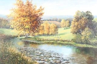 E Watson, oil on canvas "River Barle, North Devon" riverscape with sheep, 49cm x 74cm  