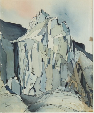 K W, 20th Century watercolour, angular mountainous study 31.5cm x 26.5cm, inscribed in pencil on verso 