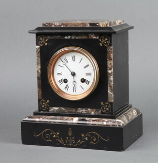 A 19th Century French 8 day striking mantel timepiece with enamelled dial and Roman numerals contained in a 2 colour marble case, back plated marked 1090, complete with pendulum but no key 25cm h x 22cm w x 14cm d 