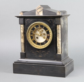 A 19th Century French 8 day striking mantel clock contained in a 2 colour marble architectural case with visible escapement and Roman numerals, complete with pendulum and key, the back plated marked 4804 35cm h x 28cm w x 15cm d 