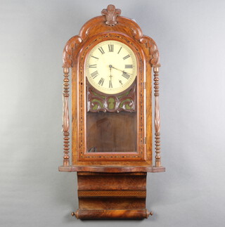 A 19th Century American striking wall clock with 26cm painted arched dial and Roman numerals, contained in an inlaid mahogany arch shaped case 90cm h x 44cm w x 13cm d 