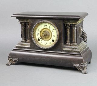 E Ingraham & Co., an American 8 day striking mantel clock with enamelled dial and Arabic numerals, contained in a wooden and metal architectural case, complete with key and pendulum 27cm x 44cm w x 19cm d 