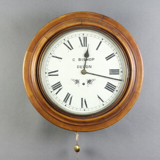 A 19th Century Continental wall clock with 29cm painted dial and Roman numerals, marked C Bishop Devon, contained in a mahogany case, complete with pendulum (no key) 45cm x 10cm  